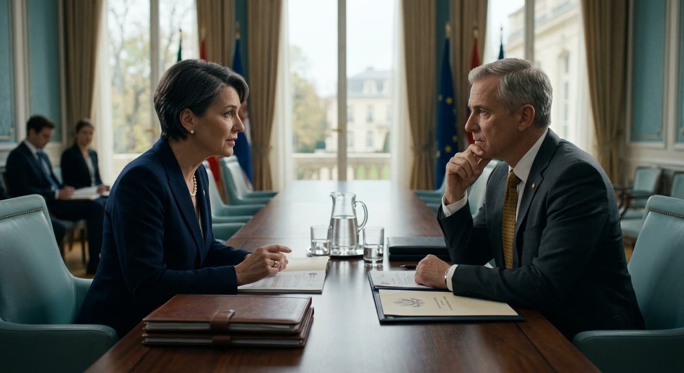 Two diplomats in focused conversation across a conference table