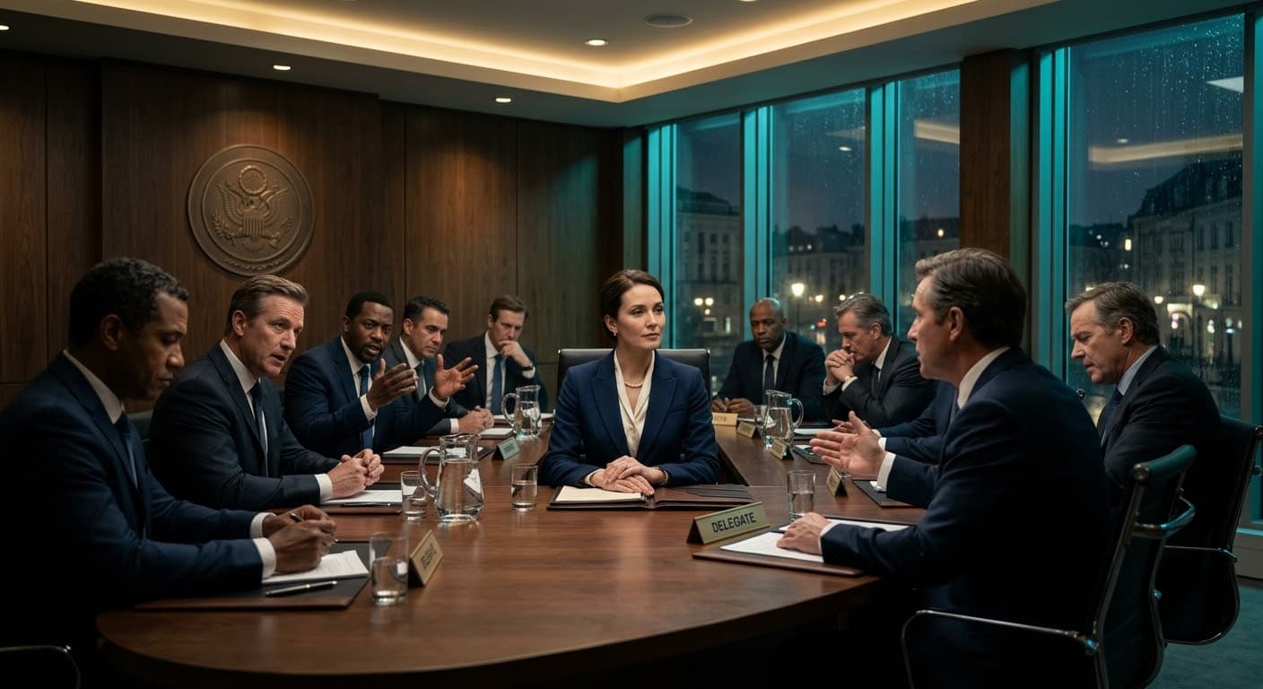 A multilateral diplomatic meeting around the negotiating table