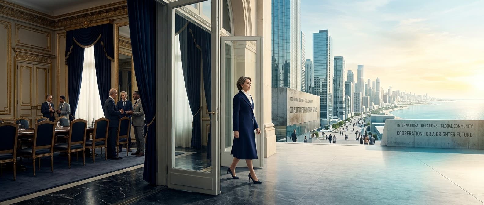 A diplomat walking from a traditional chamber toward a modern international city