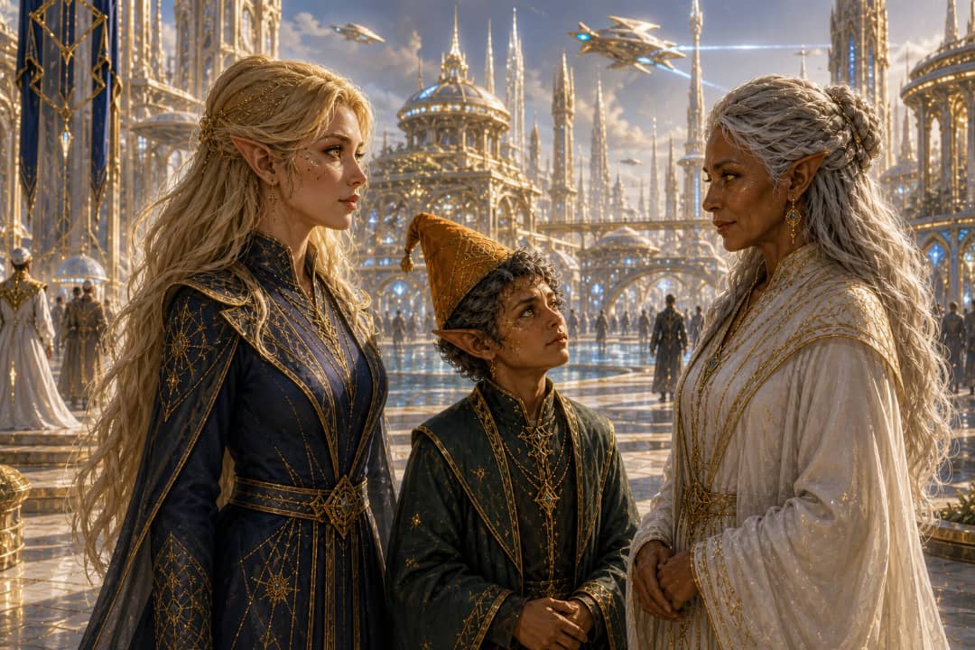 Three citizens of Vega in a luminous city